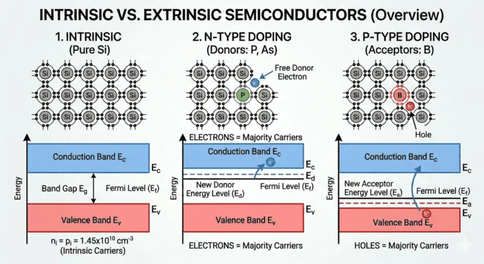 Intrinsic, n-type, and p-type semiconductor comparison